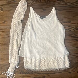 Flora & Ashley White Asymmetrical Ruffled Tank Top with matching scarf